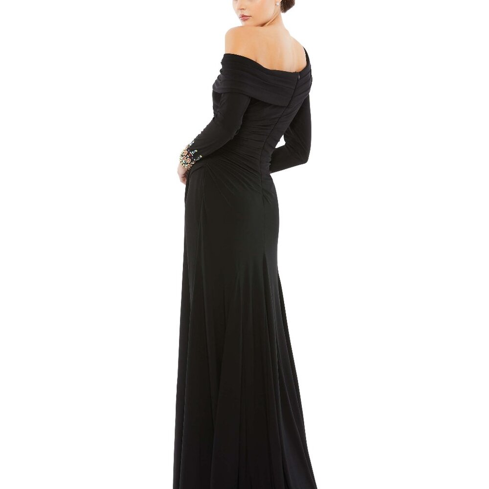 Mac Douggal Beaded Cuff Drop Shoulder Faux Wrap Gown